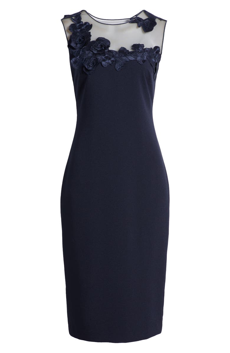 Vince Camuto Floral Embroidery Signature Stretch Crepe Sheath Dress, Alternate, color, Navy