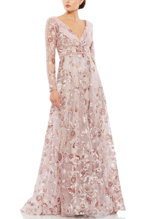 Embellished V Neck Illusion Long Sleeve A Line Gown