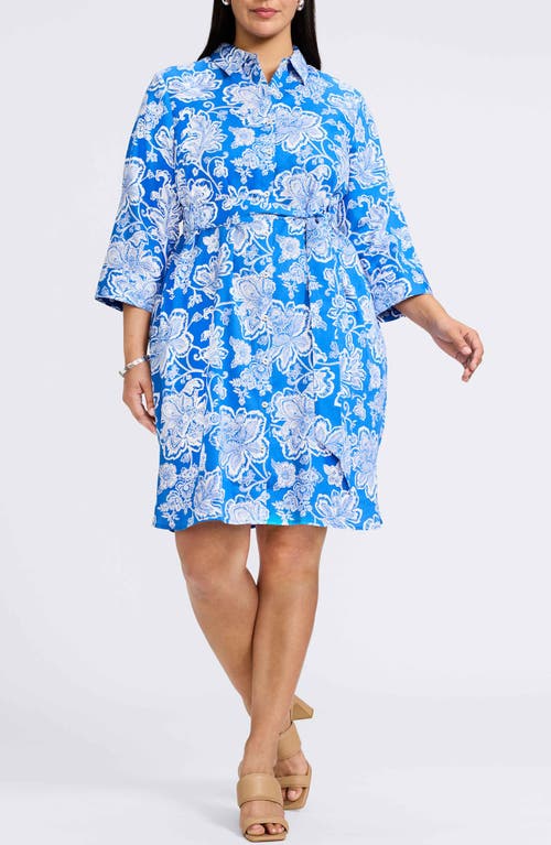 Foxcroft Rocca Floral Print Belted Shirtdress In Cobalt Blue/white