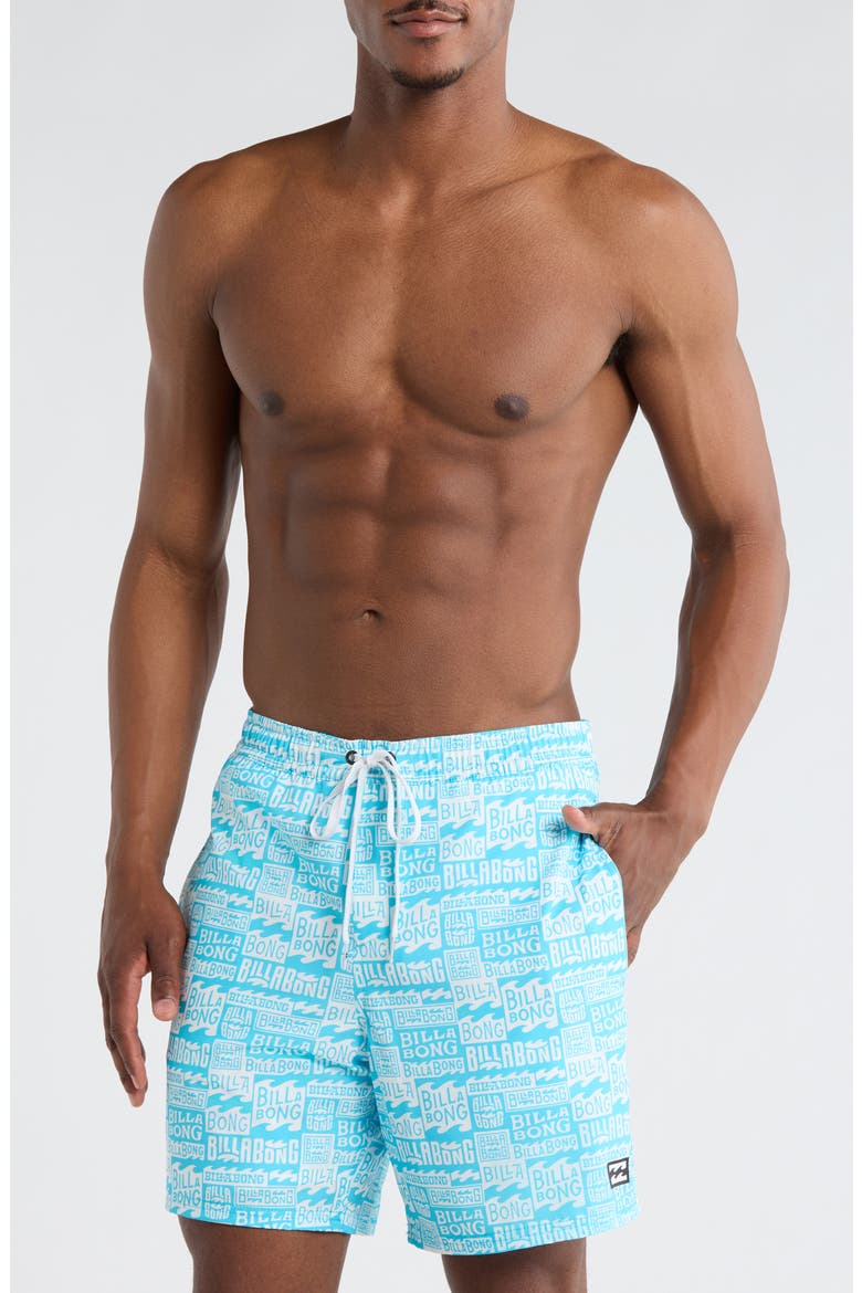 Allover Logo Volley Swim Trunks, Main, color, AQUARIUS BLUE