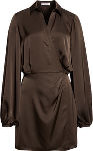 Ramy Brook Carolyn Wrap Front Long Sleeve Satin Dress