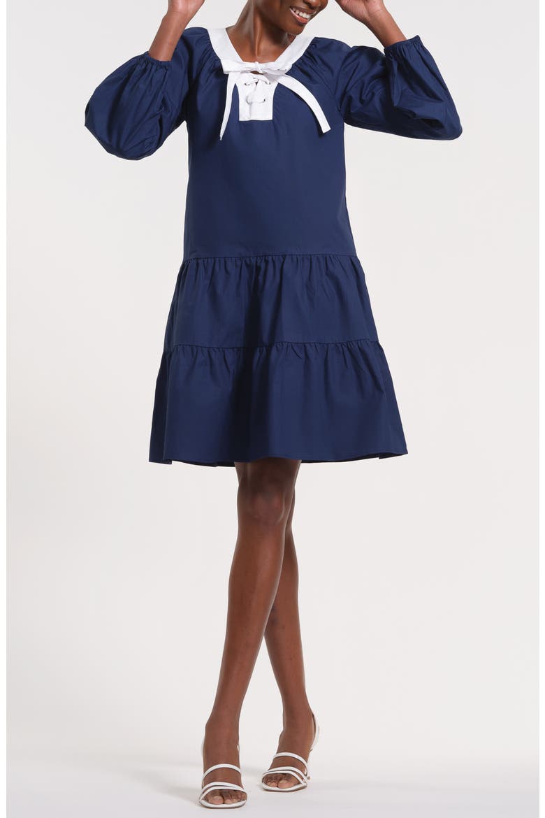Long Sleeve Ruffle Hem Dress, Main, color, NAVY/ WHITE