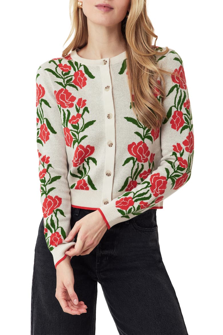 Poinsettia Intarsia Crewneck Sweater, Main, color, WHITECAP GRAY POINSETTIA GREEN