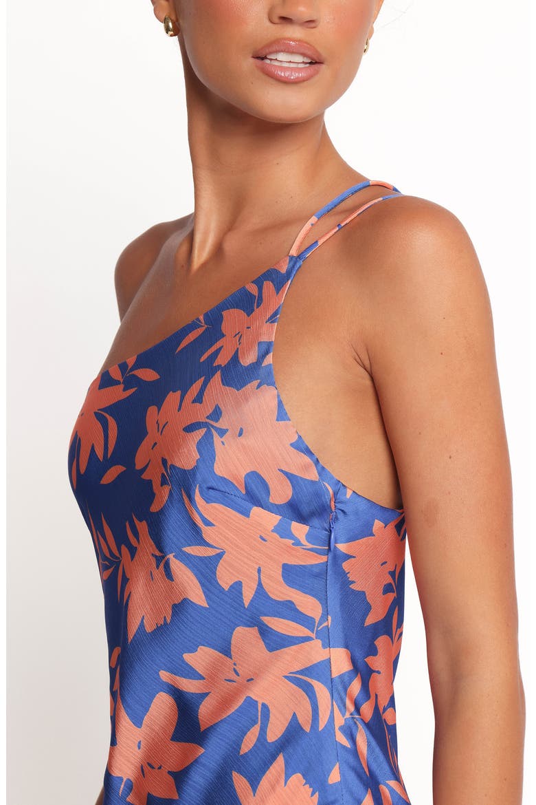 Bottie Floral Print One-Shoulder Satin Maxi Dress, Alternate, color, BLUE/ ORANGE FLORAL