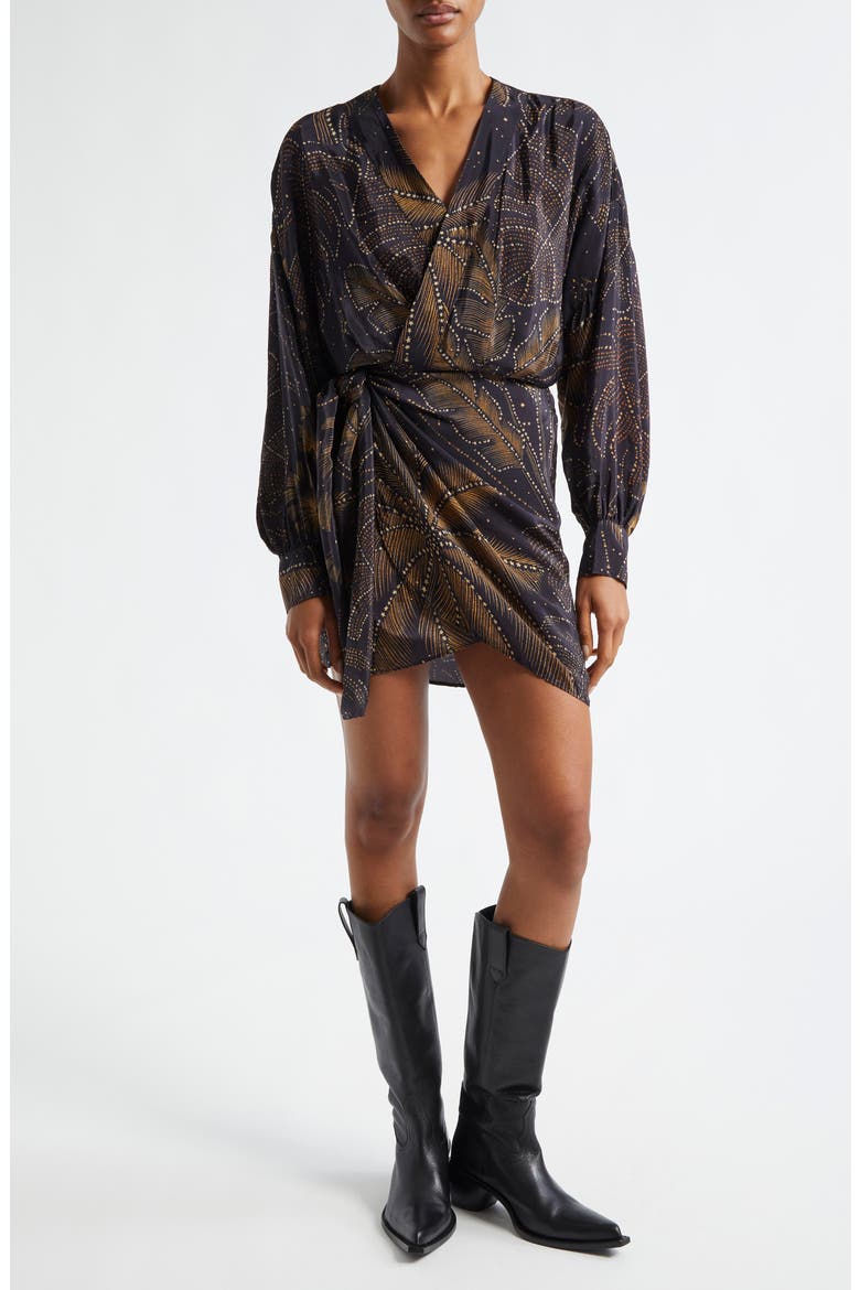 farm rio black golden foliage mini dress Golden Foliage Long Sleeve Wrap Minidress (Women)