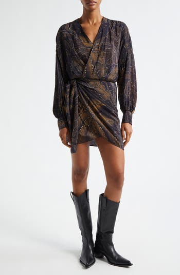 FARM Rio Golden Foliage Long Sleeve Wrap Minidress | Nordstrom