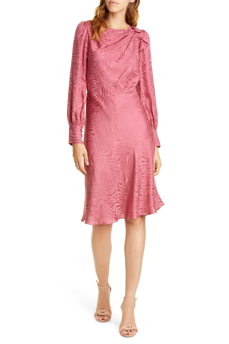Swirl Jacquard Long Sleeve Silk Blend Dress, Main, color, HIBISCUS