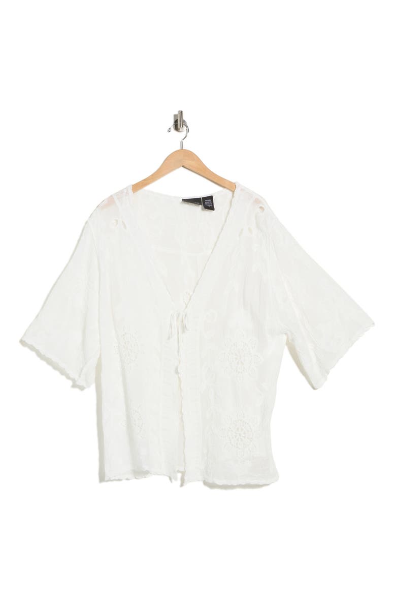 Floral Embroidered Tie Front Cardigan, Alternate, color, WHITE