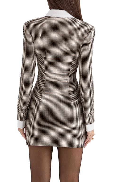 House Of Cb Leoni Houndstooth Long Sleeve Minidress In Brown And Black Check