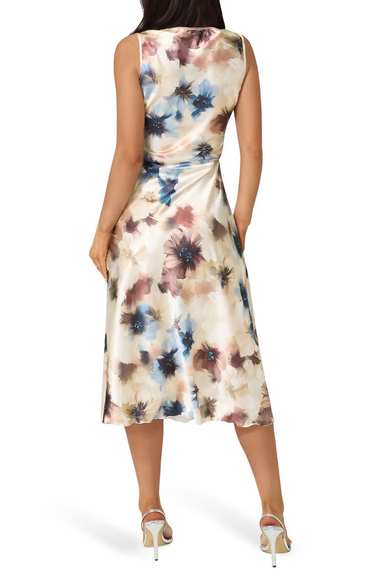bebe Floral Cowl Neck Sleeveless Satin Midi Dress, Alternate, color, Blue / Tan
