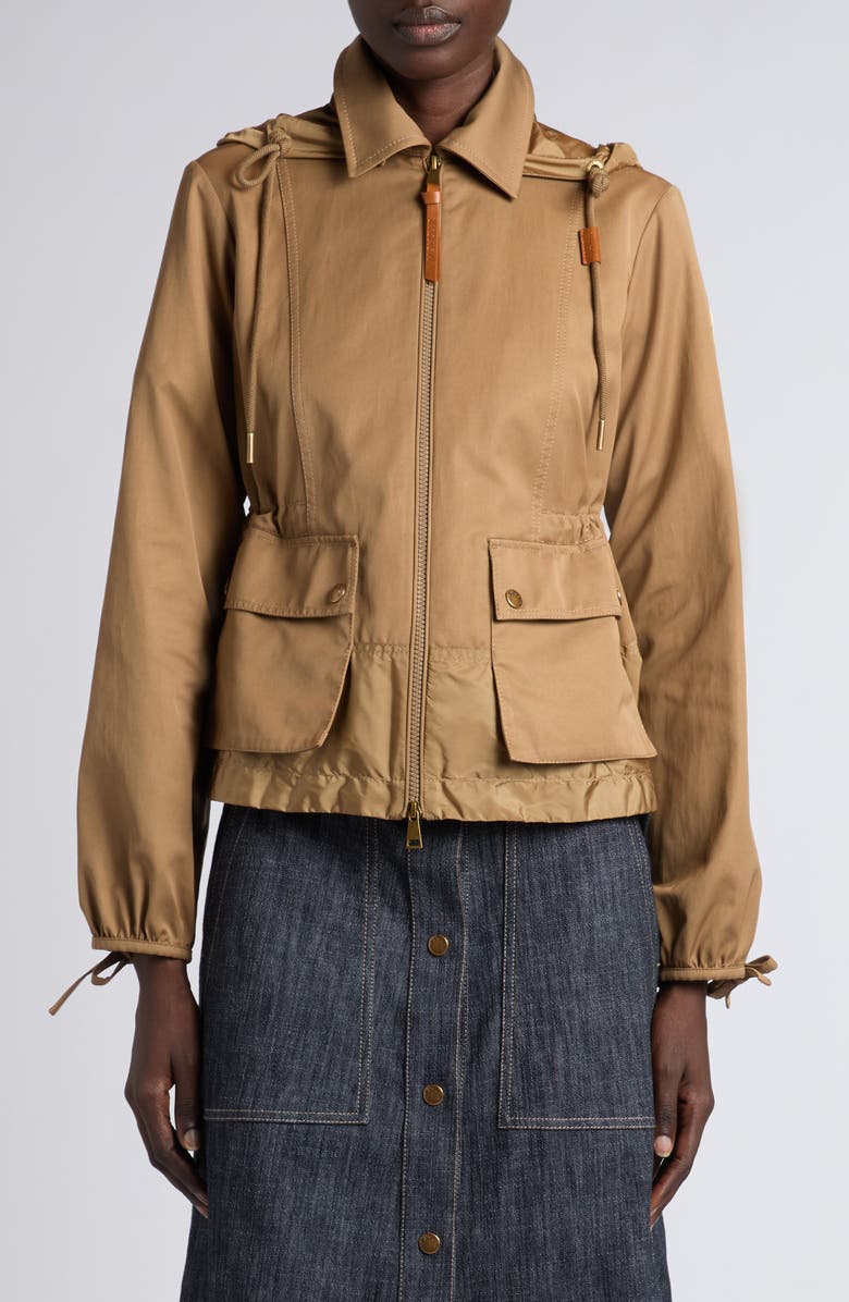 Moncler Aconitum Mixed Media Shirt Jacket with Detachable Hood, Main, color, Brown