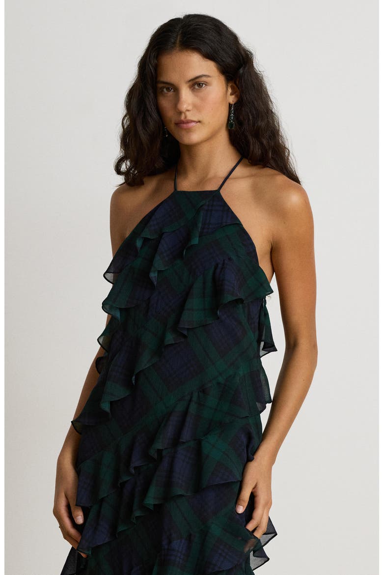 Plaid Ruffle Georgette Maxi Dress, Alternate, color, NAVY BLUE/ GREEN/ BLACK