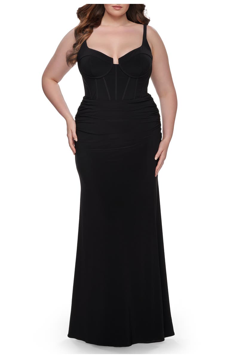 La Femme Jersey Long Plus Size Dress with Bustier Top and Tie Back, Main, color, Black