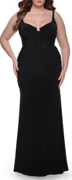 La Femme Jersey Long Plus Size Dress with Bustier Top and Tie Back