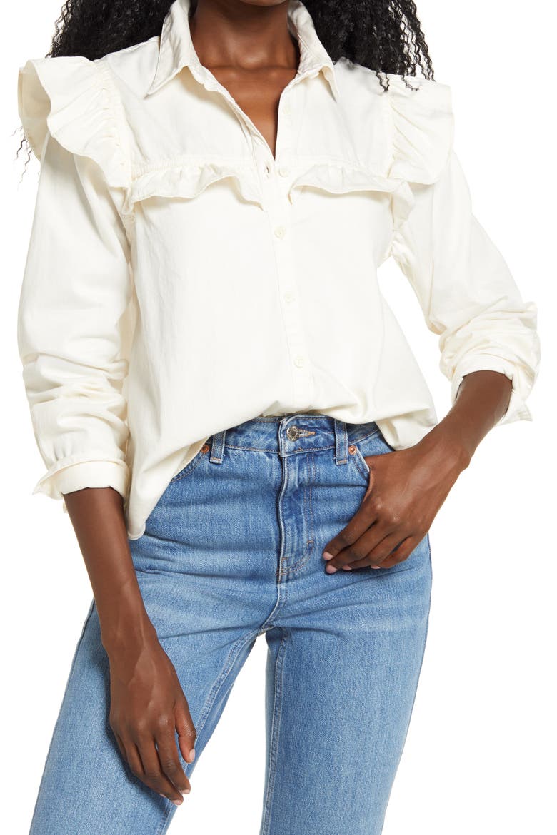 Samantha Ruffle Button-Up Shirt, Main, color, ECRU WASH