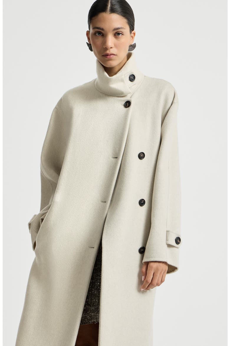 Hand-crafted coat in cashmere beaver double cloth with belt and monili, Alternate, color, Ivory