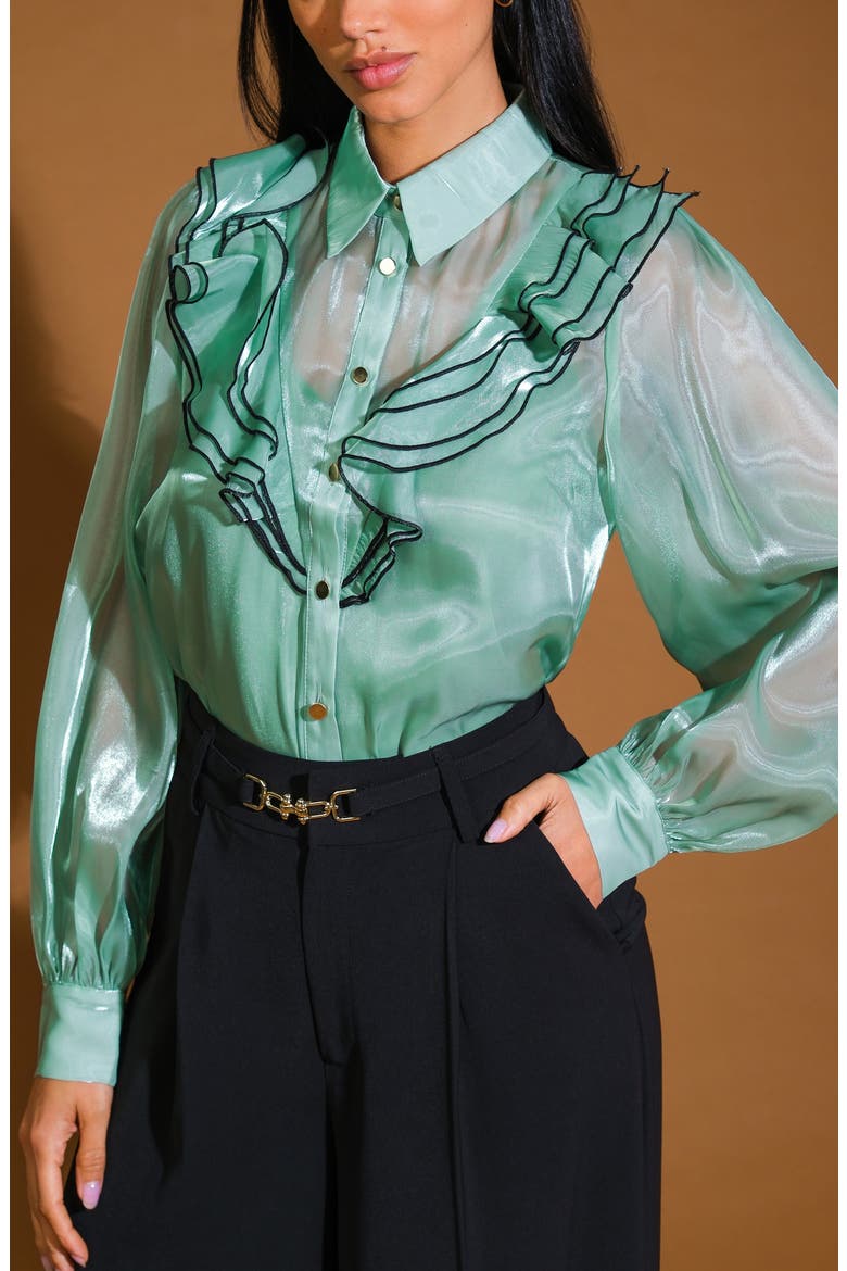 Ruffle Button-Up Shirt, Alternate, color, SAGE