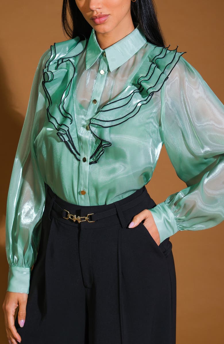 FLYING TOMATO Ruffle Button-Up Shirt, Alternate, color, Sage
