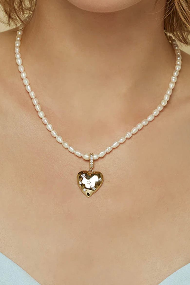 Gleam Cultured Pearl Necklace with Heart Shaped Charm Pendant, Alternate, color, Gold