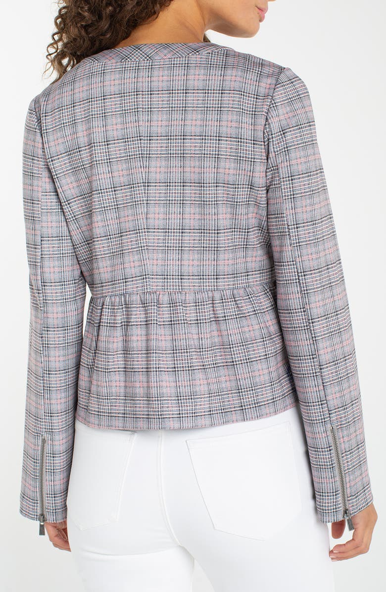 Liverpool Los Angeles Plaid Peplum Zip Jacket, Alternate, color, Grey/ Blush Plaid