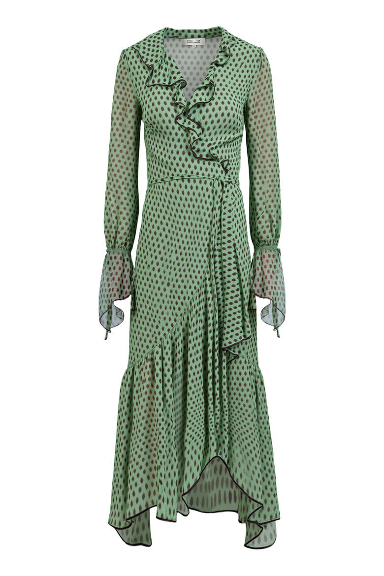 Thena Polka Dot Ruffle Trim Wrap Midi Dress, Alternate, color, JELLY POLKA DOT