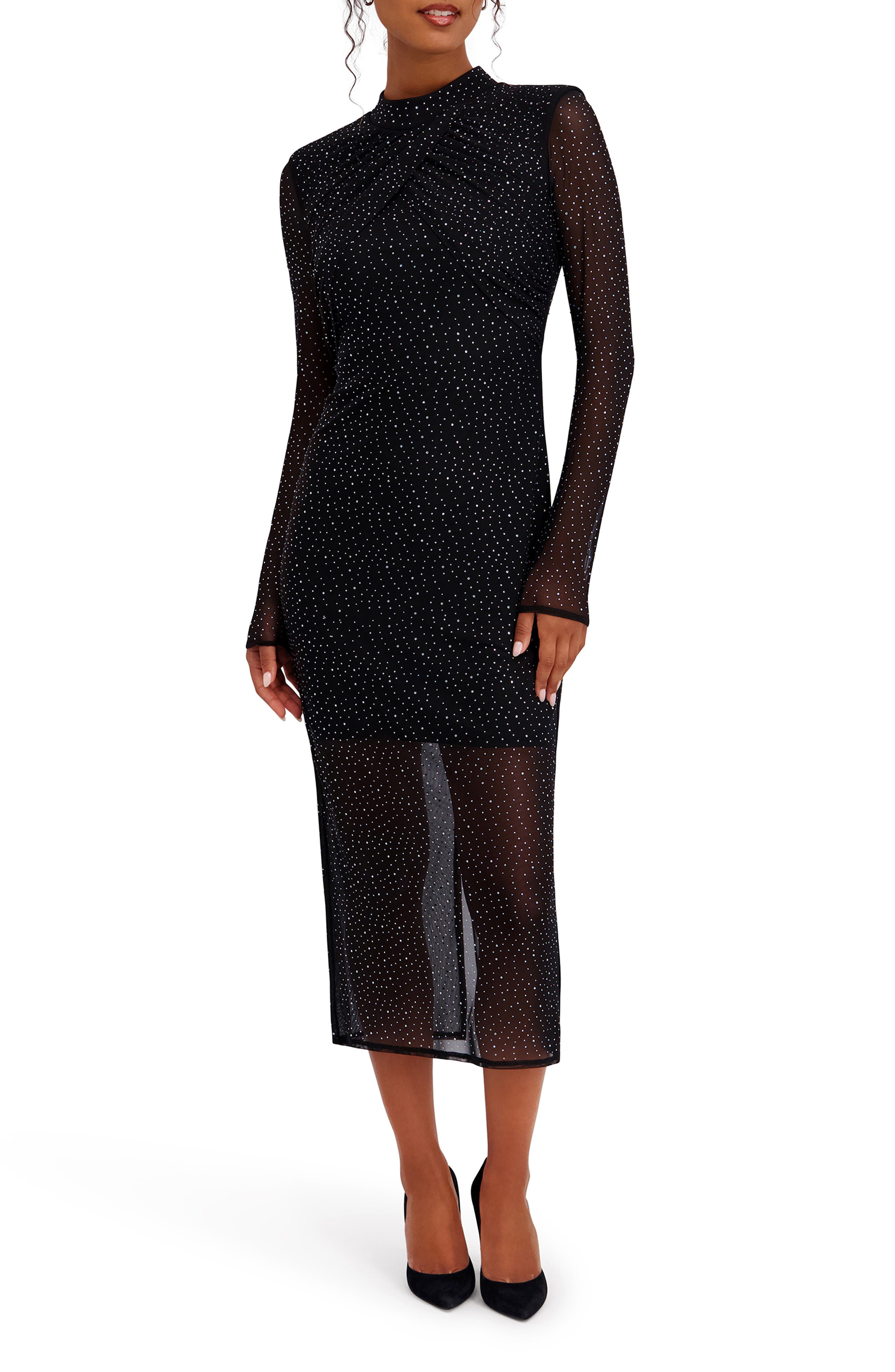 Studded Mesh Long Sleeve Midi Dress