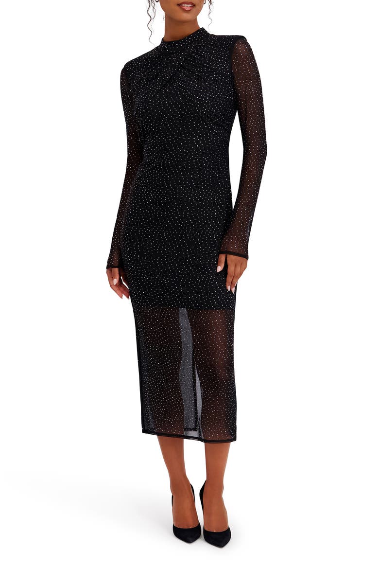 Studded Mesh Long Sleeve Midi Dress, Main, color, BLACK