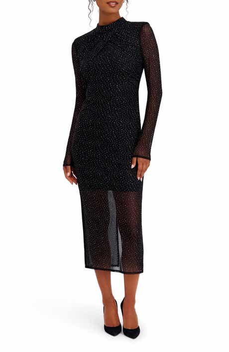 Studded Mesh Long Sleeve Midi Dress