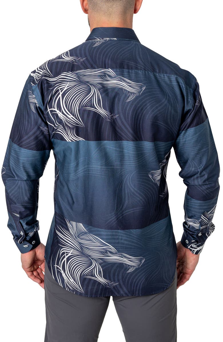 Maceoo Fibonacci Wolf Wave Cotton Button-Up Shirt, Alternate, color, Blue
