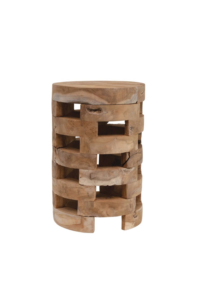 Storied Home Round Teakwood Stool with Textured Surface, Brown, Main, color, Natural