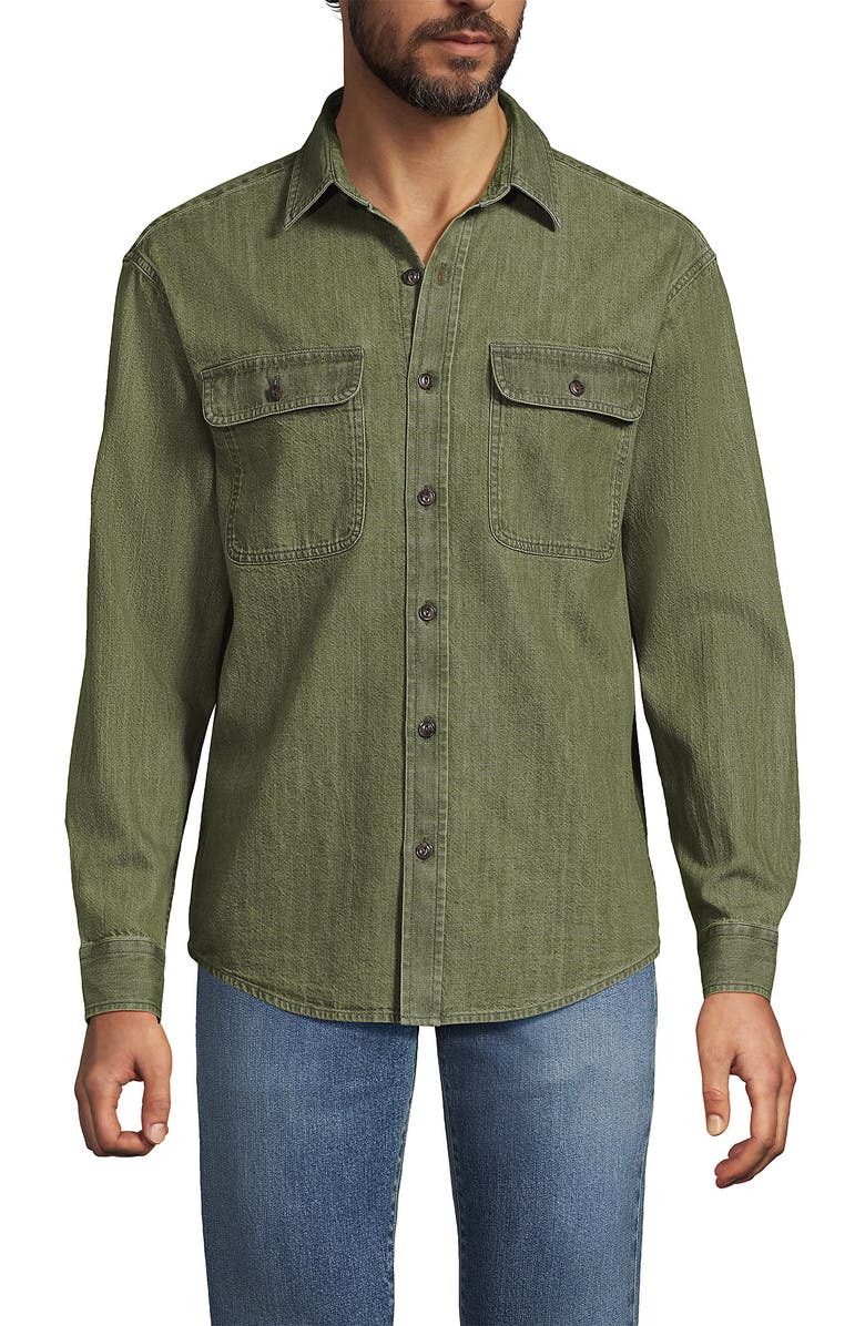 Lands' End Long Sleeve Indigo Work Shirt, Main, color, Washed Olive