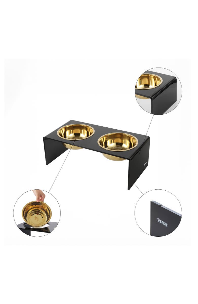 The Licker Store Keaton Modern Lucite Rectangular Elevated Pet Feeder with 2-Stainless Steel Bowls, Alternate, color, Black/Gold