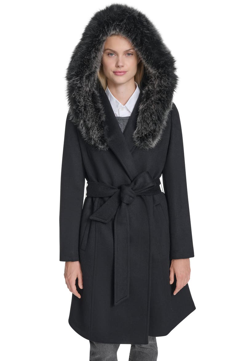 Slick Wool Blend Coat with Faux Fur Trim Hood, Alternate, color, BLACK