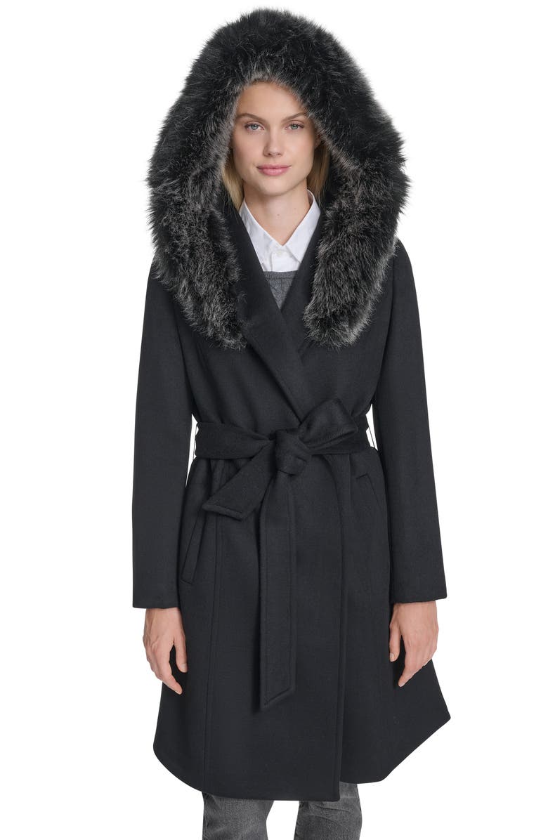 Cole Haan Slick Wool Blend Coat with Faux Fur Trim Hood, Alternate, color, Black
