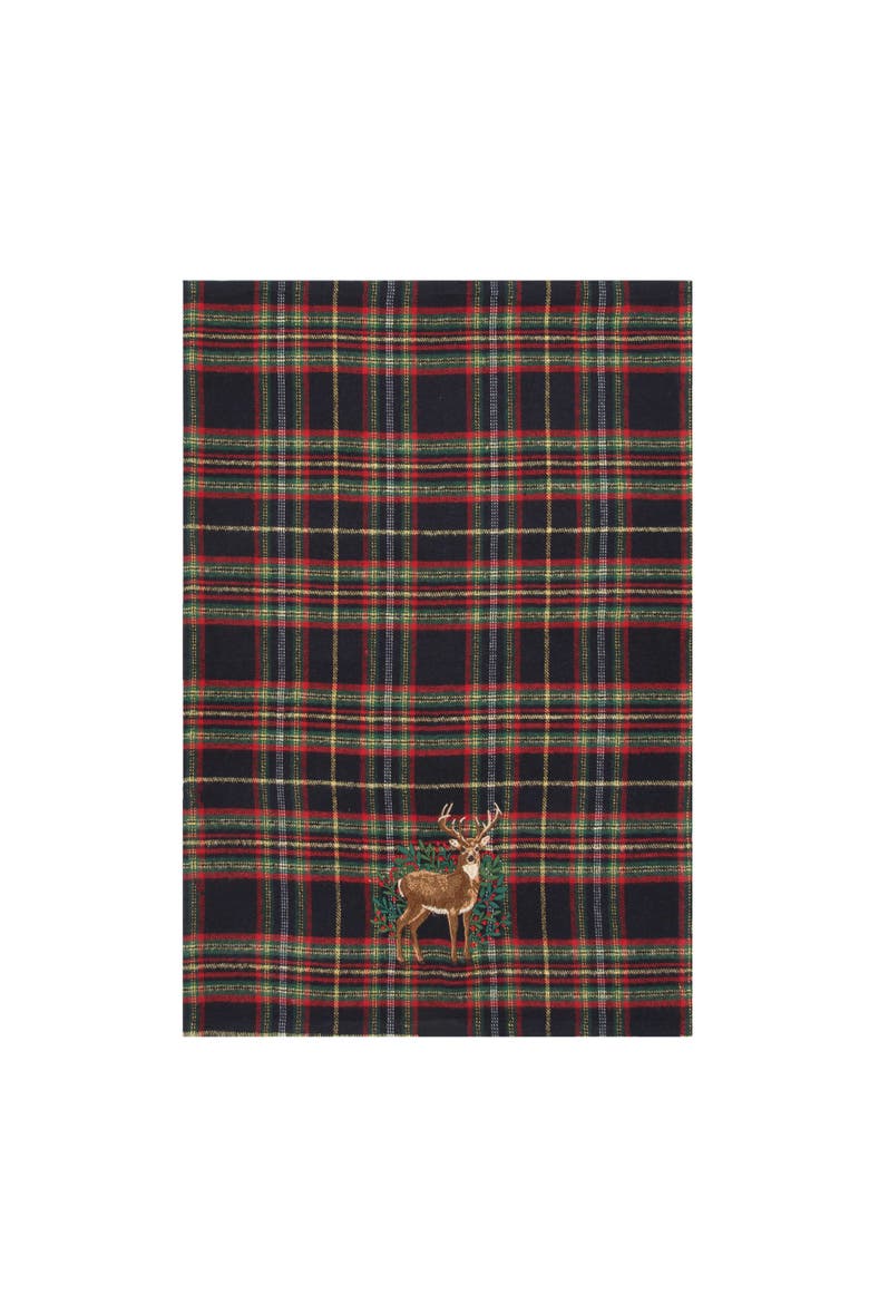 Deer Botanical Embroidery on Plaid Christmas Towel, Alternate, color, Brown