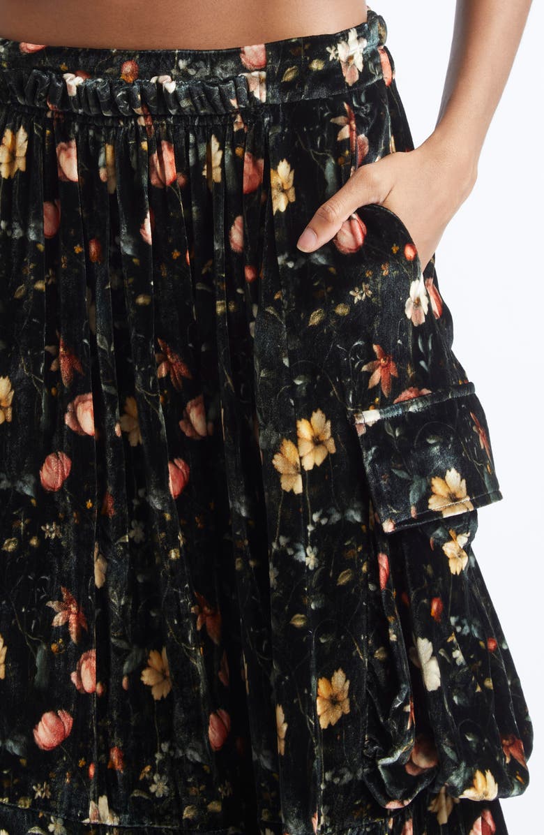 R13 Gathered Floral Velvet Cargo Midi Skirt, Alternate, color, Multifloral Black