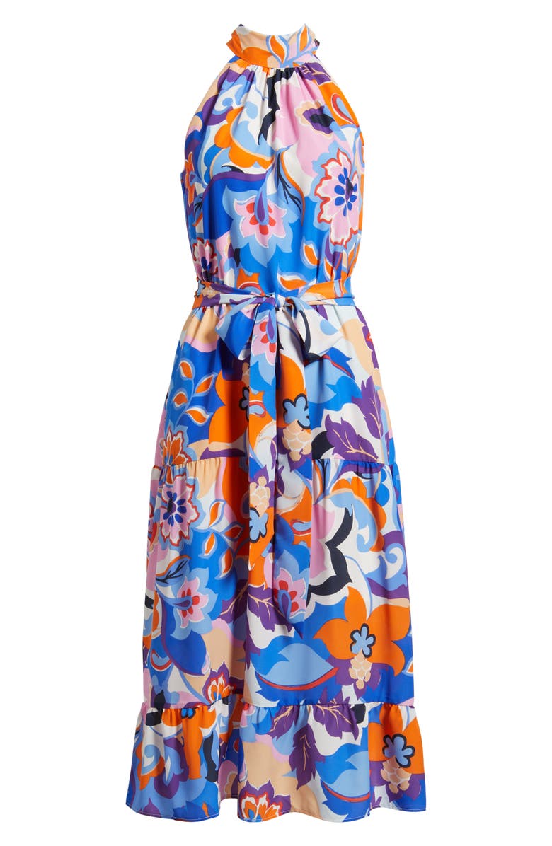 Eliza J Floral Tiered Midi Cocktail Dress, Alternate, color, Blue Multi
