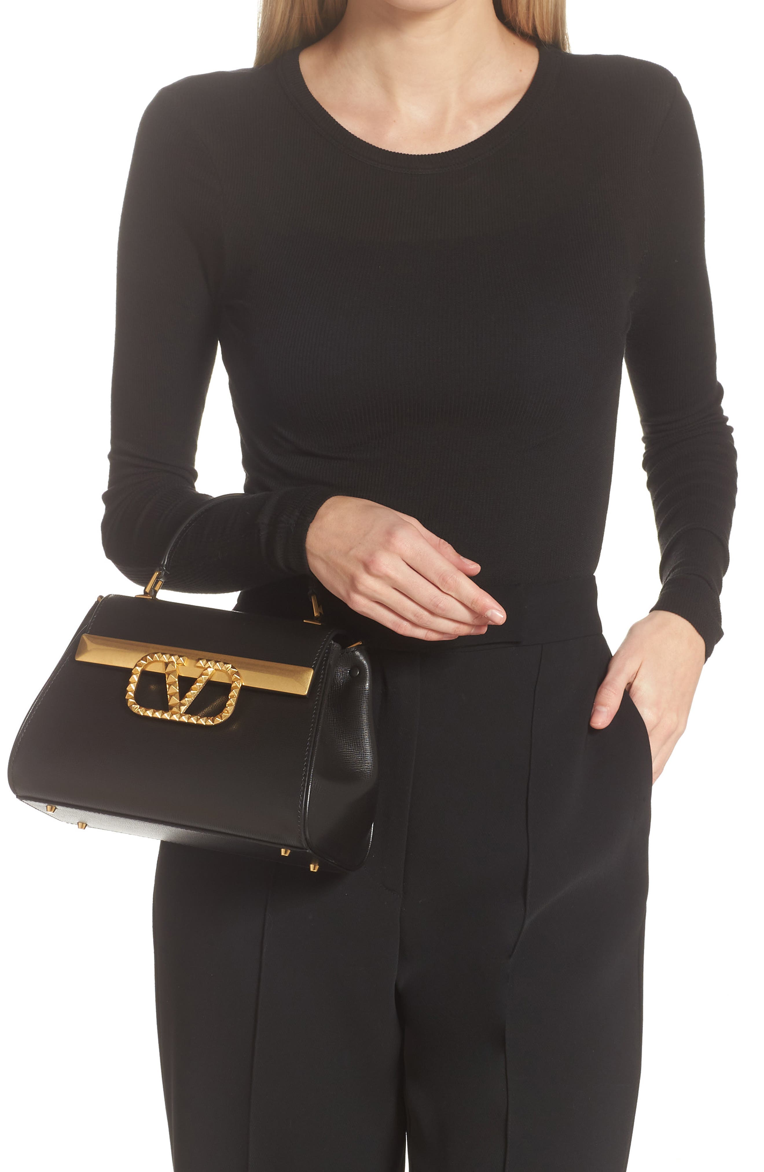 Valentino Garavani Small Rockstud Alcove VLOGO Leather Top Handle Bag, Alternate, color, 