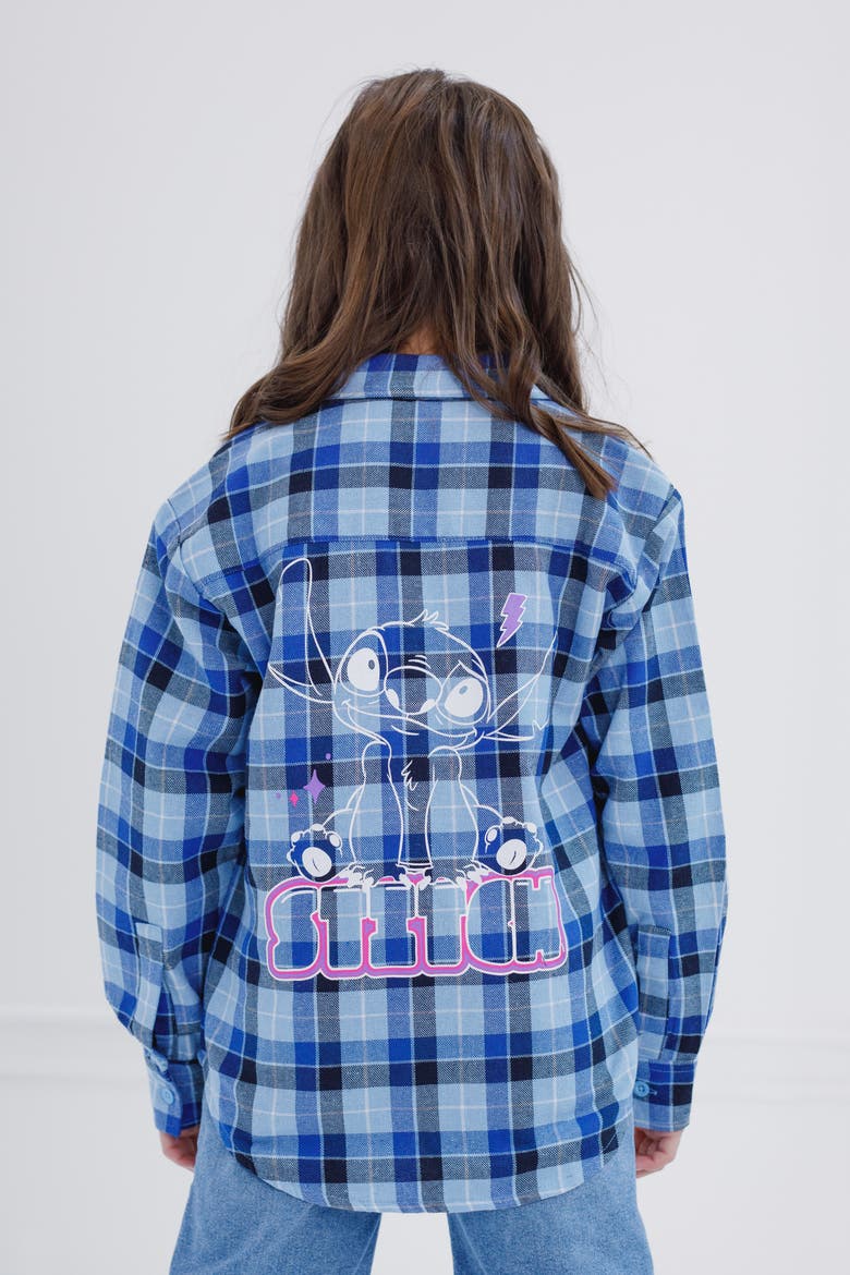 Lilo & Stitch Long Sleeve Button Down Shirt, Alternate, color, Blue Plaid Stitch