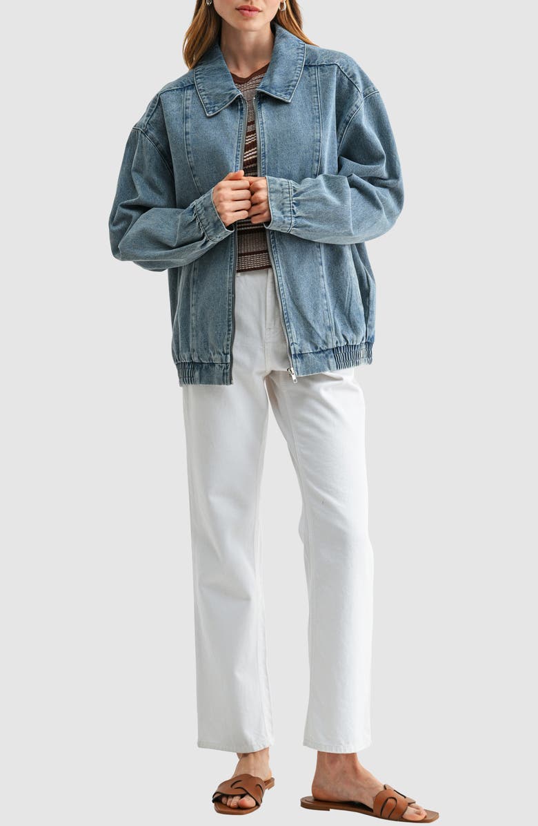 All in Favor Oversized Denim Bomber Jacket, Alternate, color, Light Denim