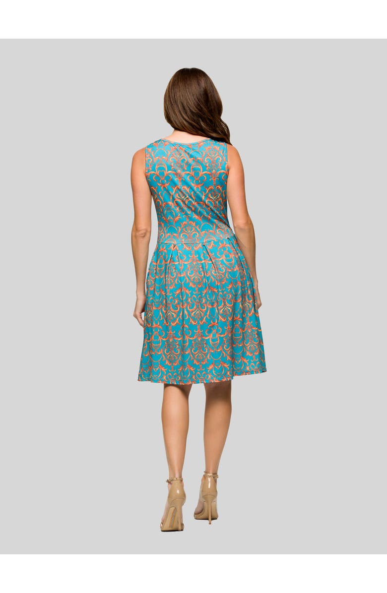 24seven Comfort Apparel Womens Essential Sleeveless Pleated Knee Length Pocket Dress, Alternate, color, Blue Multi