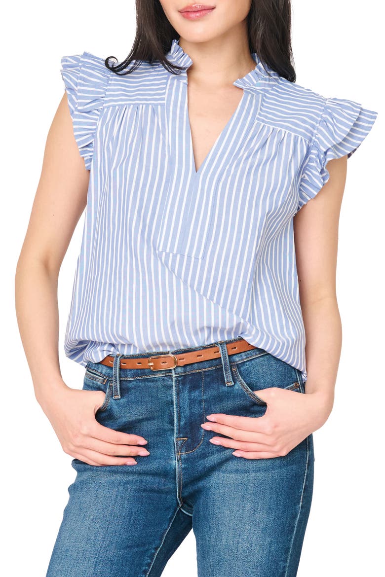 Stripe Flutter Sleeve Poplin Top, Main, color, FRENCH BLUE WHITE STRIPE