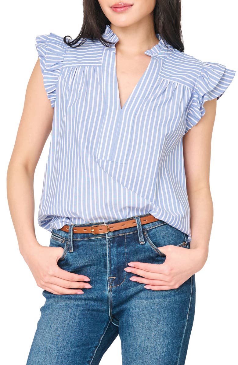 GIBSONLOOK Stripe Flutter Sleeve Poplin Top, Main, color, French Blue White Stripe