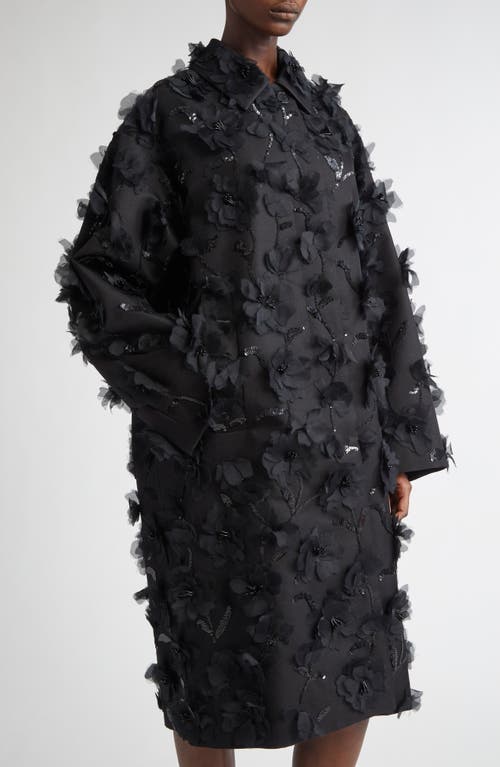 Shop Michael Kors Collection Floral Appliqué Silk & Wool Mikado Balmacaan In Black