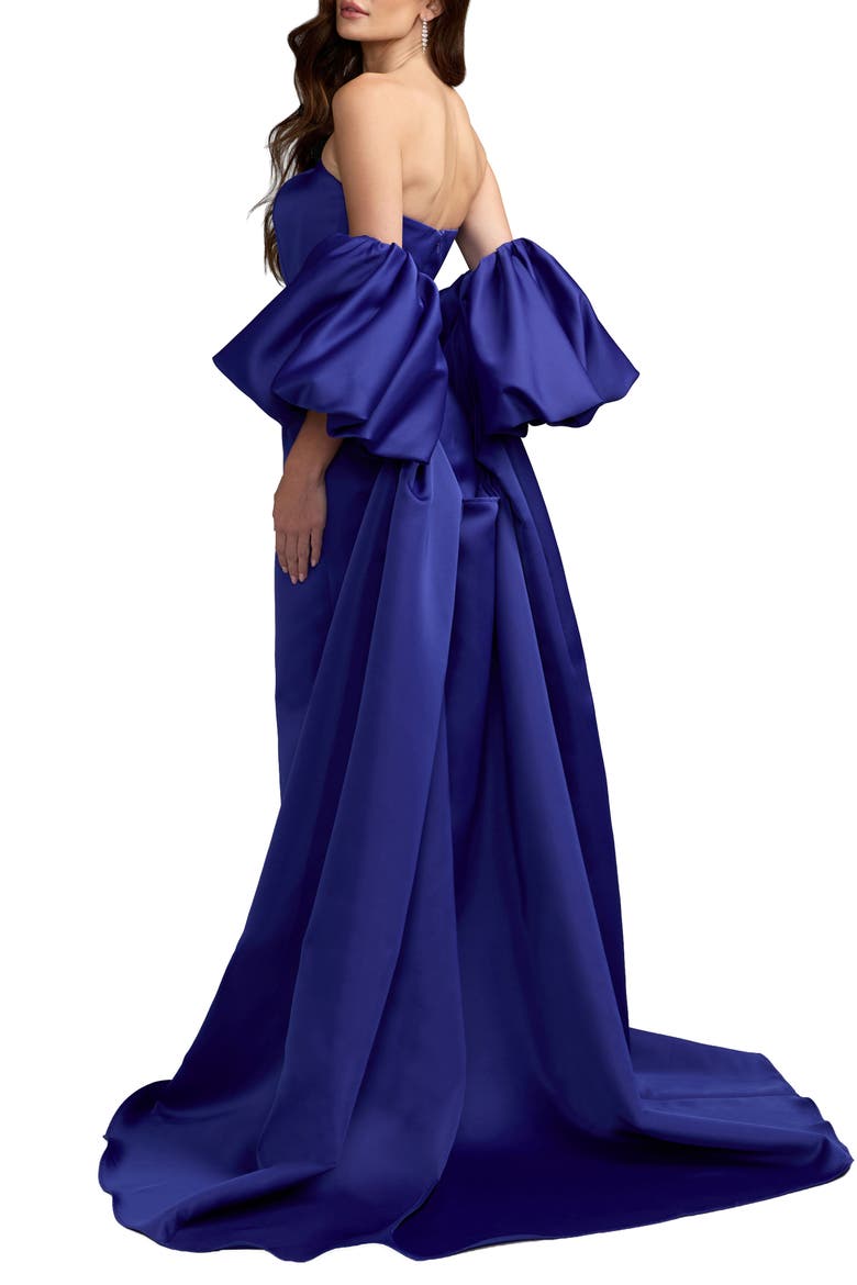 Strapless Puff Sleeve Satin Gown With Cape, Alternate, color, Cobalt