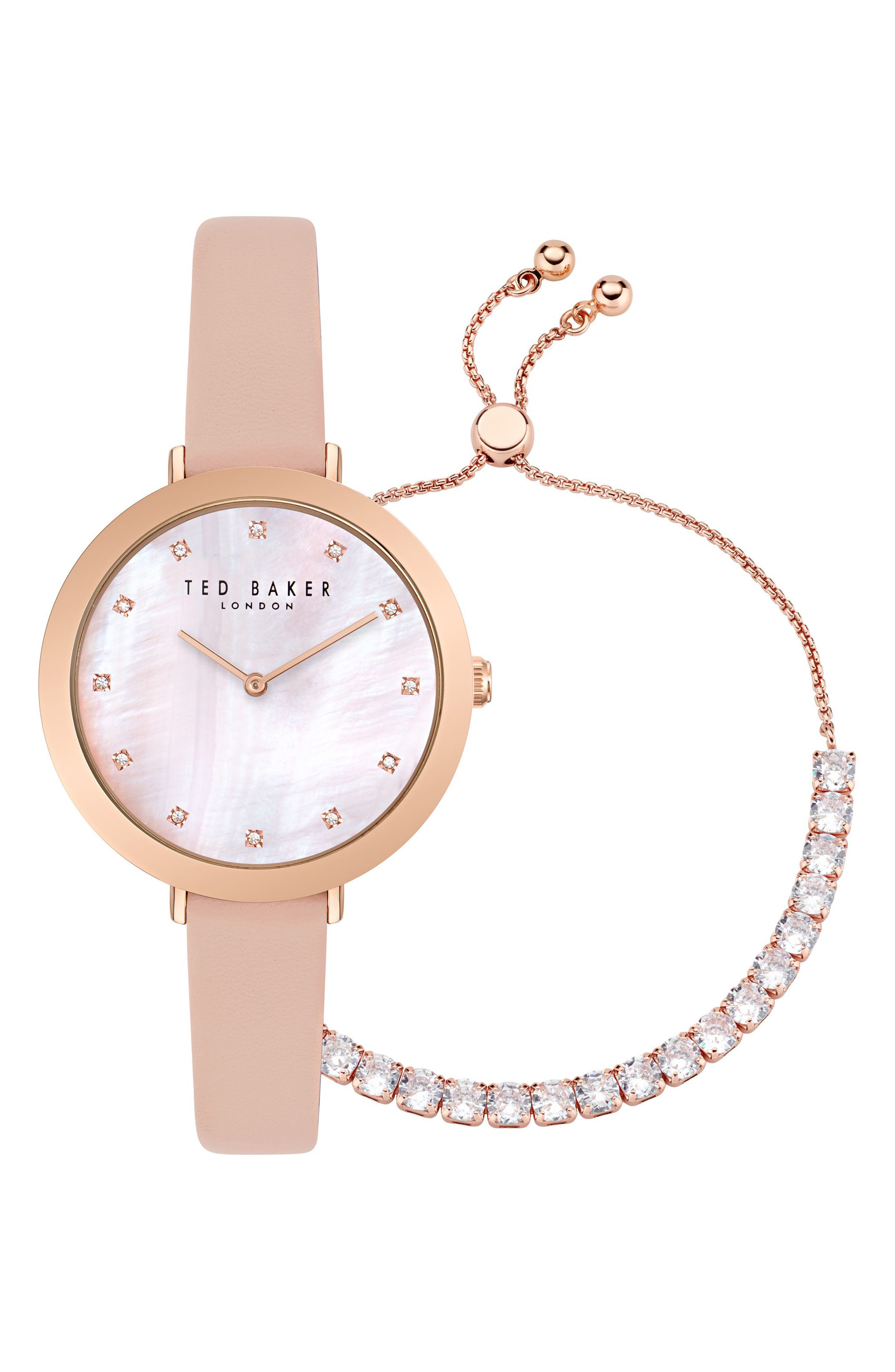 Ted Baker Leather Strap Watch & Crystal Slider Bracelet Set, 37mm