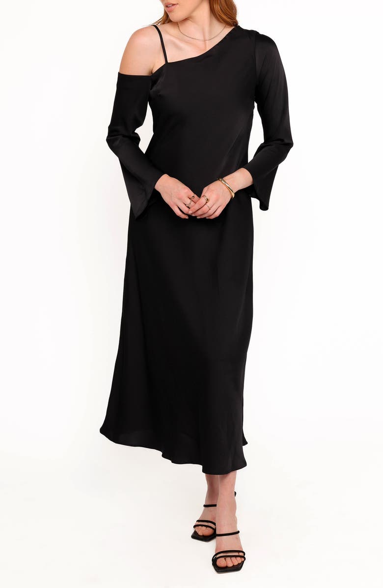 Petal & Pup Lindra One-Shoulder Long Sleeve Maxi Dress, Main, color, Black