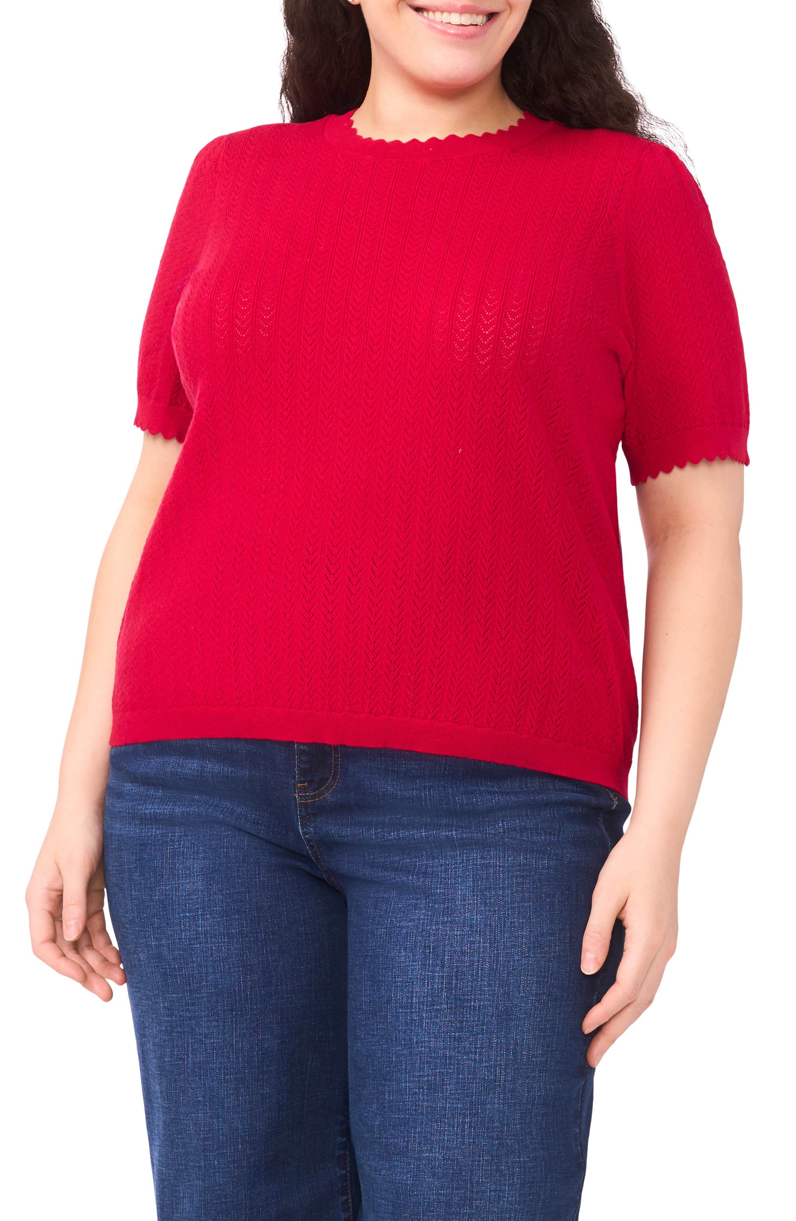 CeCe Short Sleeve Cotton Pointelle Sweater