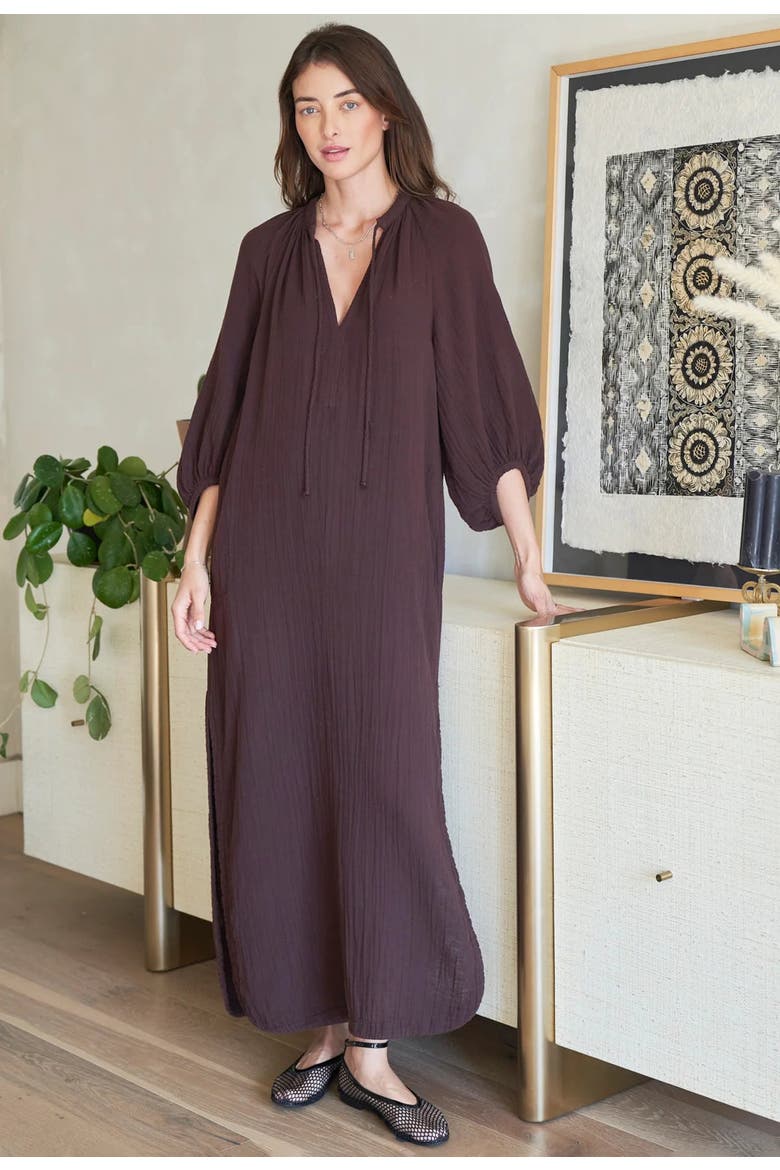Avery Long Tie Neck Dress Gauze Caftan, Alternate, color, Chocolate