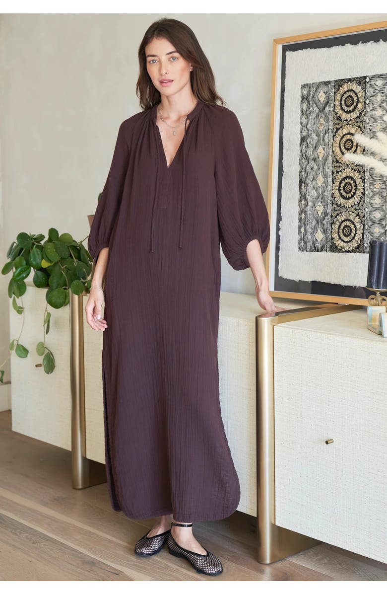 ocean+main Avery Long Tie Neck Dress Gauze Caftan, Alternate, color, Chocolate